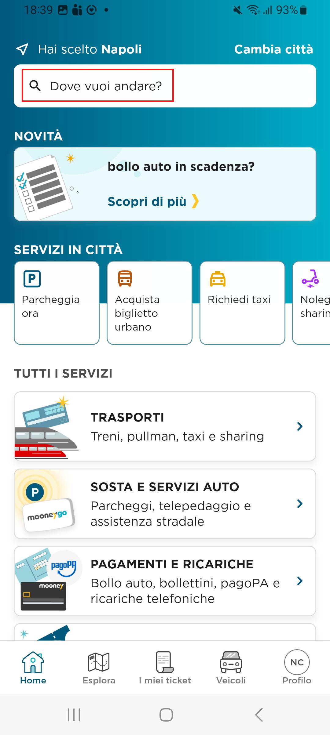 Schermata app MooneyGo con il campo Dove vuoi andare in cui inserire i dati per pianificare il viaggio