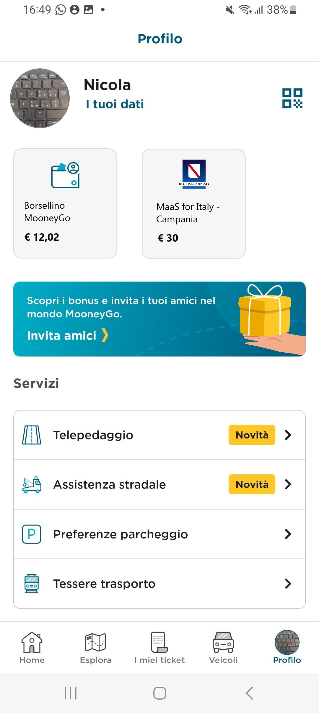 Schermata dell'app MooneyGo con la visualizzazione del borsellino MaaS for Italy Campania in cui viene accreditato il welcome bonus