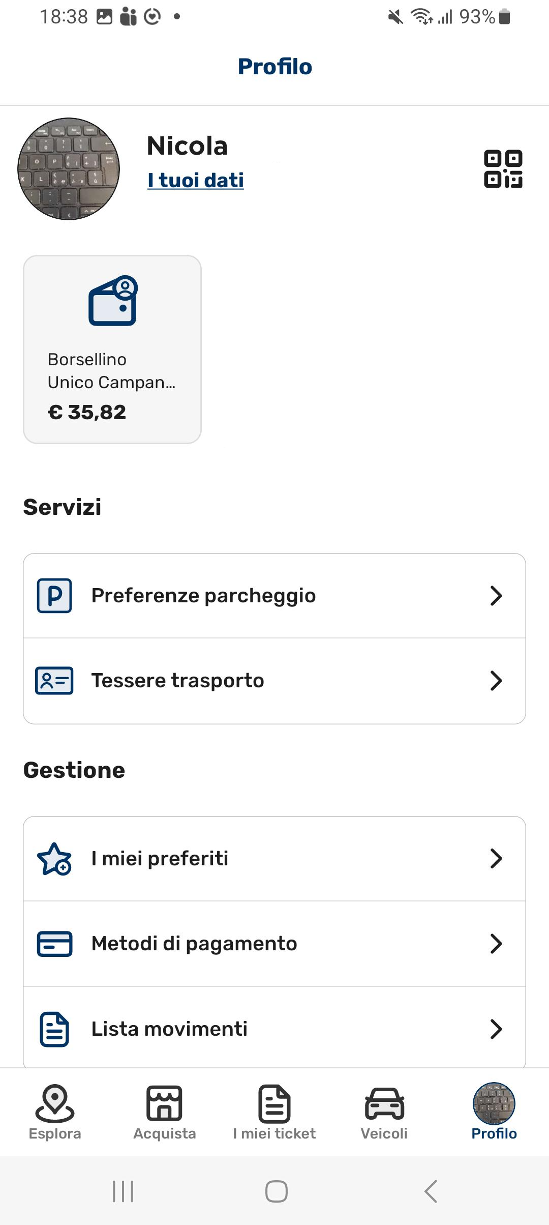 Schermata dell'app Unico Campania con il borsellino in cui è visibile il Welcome Bonus