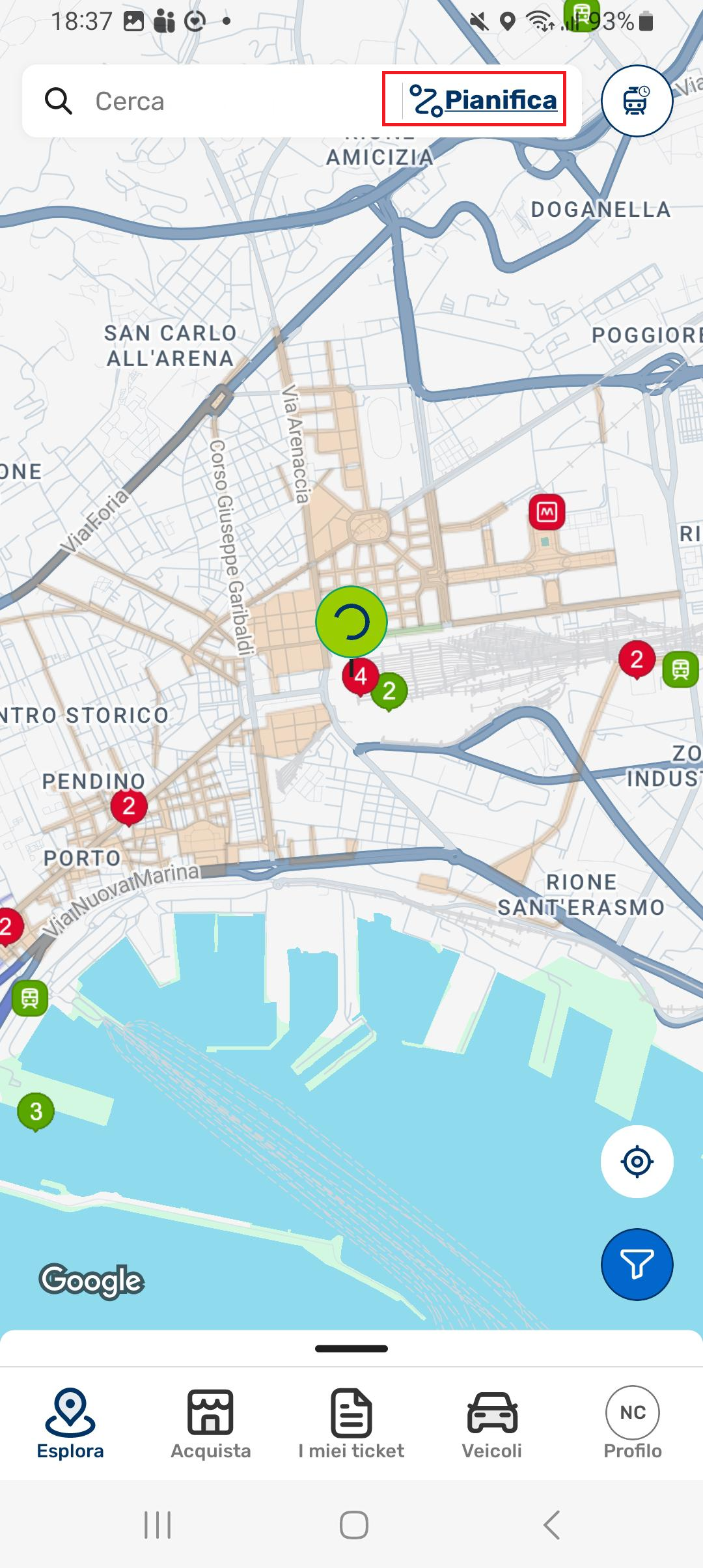 Schermata dell'app Unico Campania con la sezione Pianifica per pianificare il viaggio